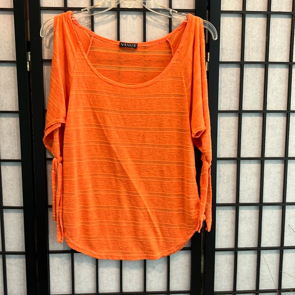 VENUS size XS-S cold shoulder semi sheer textured orange top tie sleeve detail